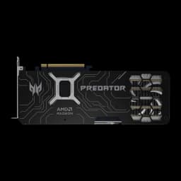 Acer Predator BiFrost Radeon RX 9070 OC 16GB noir, vue arrière à plat: backplate avec logo Predator, inscription AMD Radeon