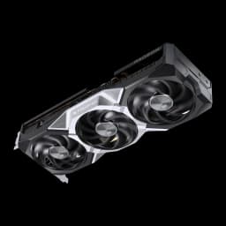 Acer Predator BiFrost Radeon RX 9070 OC 16GB gris, vue avant en angle supérieur: ventilateurs en rotation avec effet flou