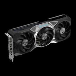Acer Predator BiFrost Radeon RX 9070 OC 16GB gris, vue avant en angle: triple ventilateur, logo Predator éclairé en bleu