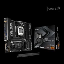 ASRock B850M Challenger WiFi preta, vista conjunto: placa-mãe, caixa e antenas WiFi 7 incluídas