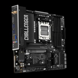 ASRock B850M Challenger WiFi preta, vista em perspectiva: painel traseiro com portas USB, antena WiFi e socket AM5 visível