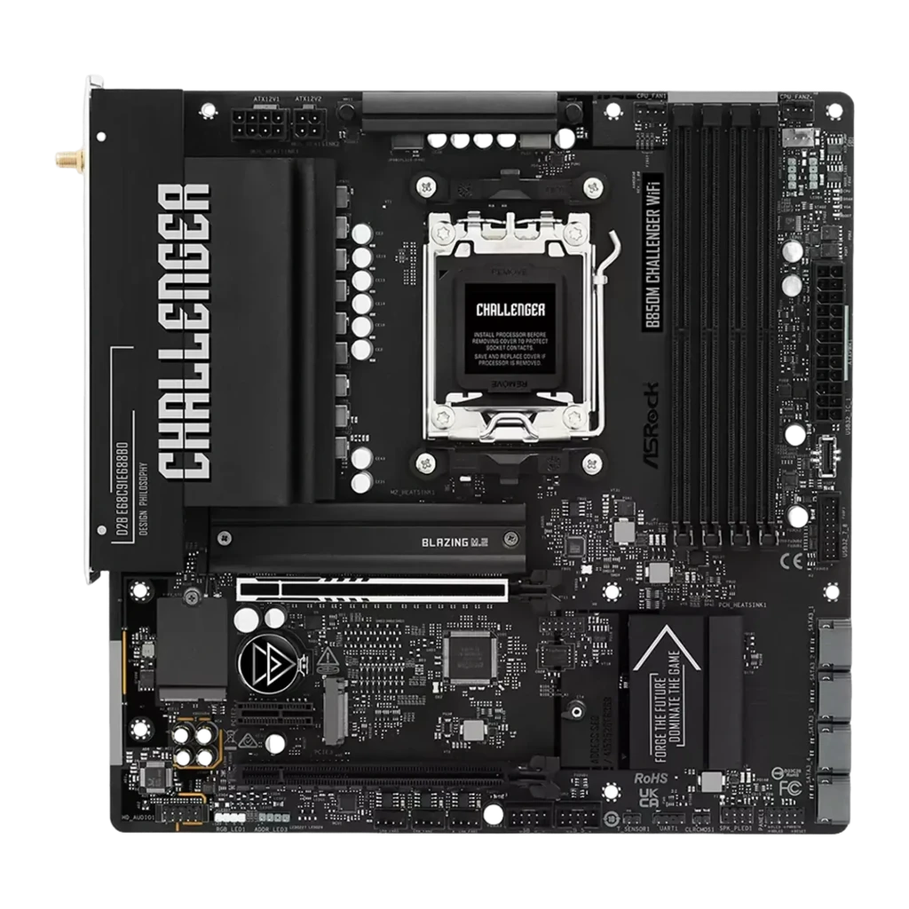 ASRock B850M Challenger WiFi preta, vista conjunto: placa-mãe, caixa e antenas WiFi 7 incluídas - Item1