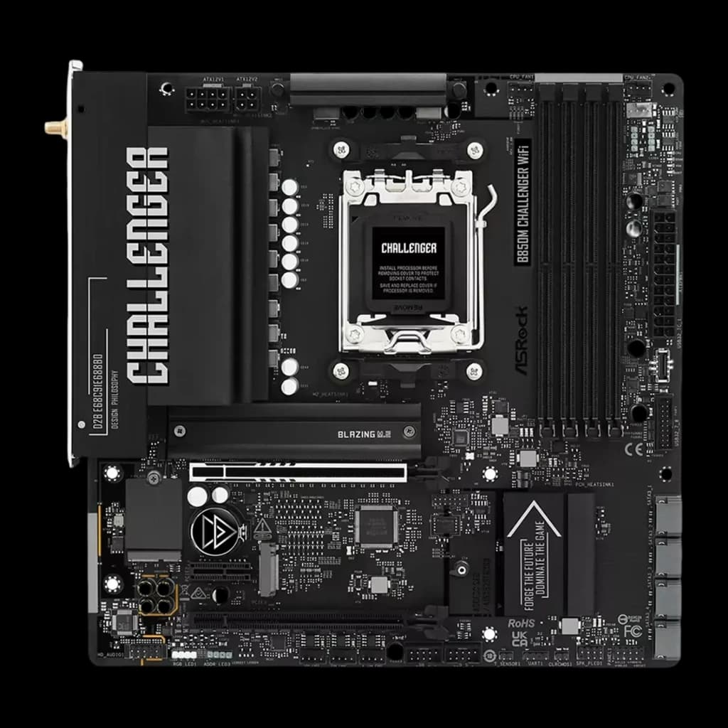 ASRock B850M Challenger WiFi preta, vista superior: PCB completa com socket AM5, dissipadores VRM e slots DDR5