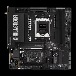 ASRock B850M Challenger WiFi preta, vista superior: PCB completa com socket AM5, dissipadores VRM e slots DDR5