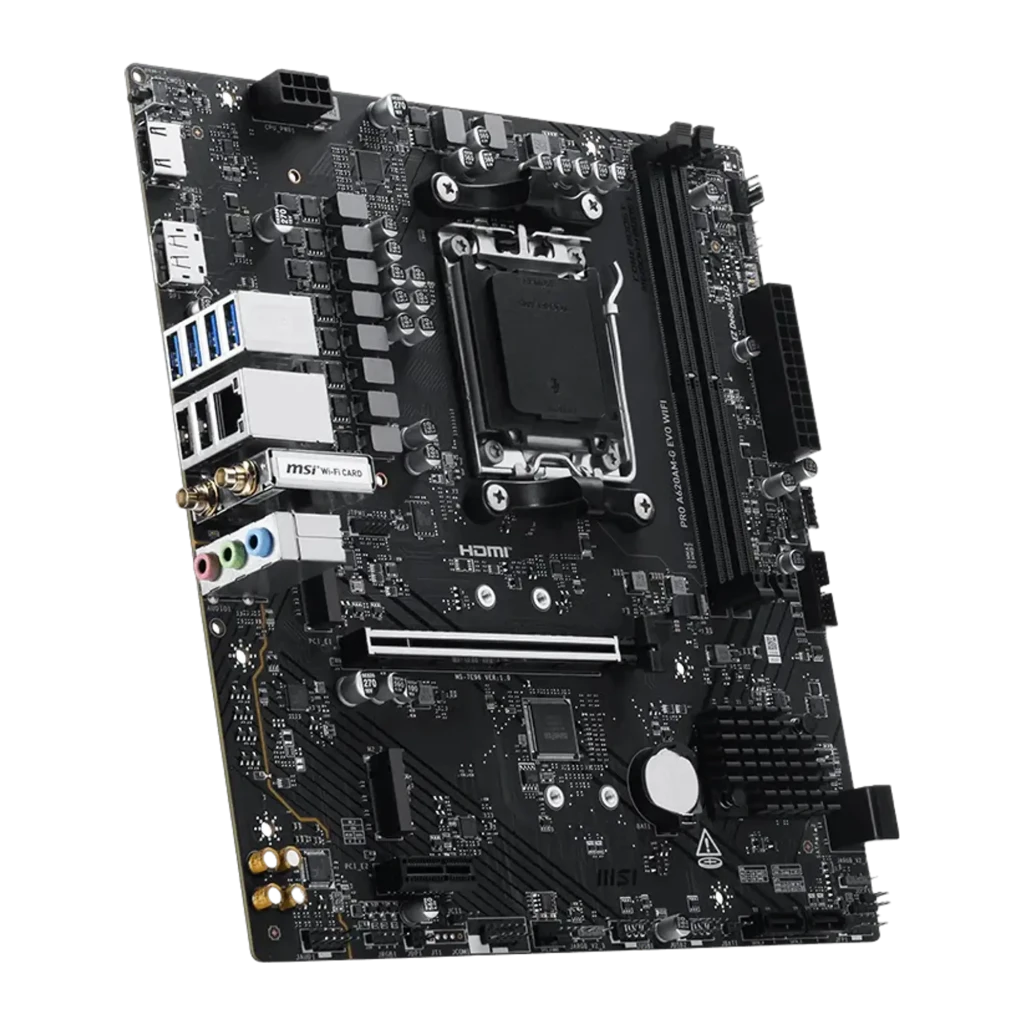 MSI Pro A620AM-G Evo WiFi preta, kit com caixa: placa-mãe ao lado da caixa de produto com logo AMD Ryzen A620A - Item2