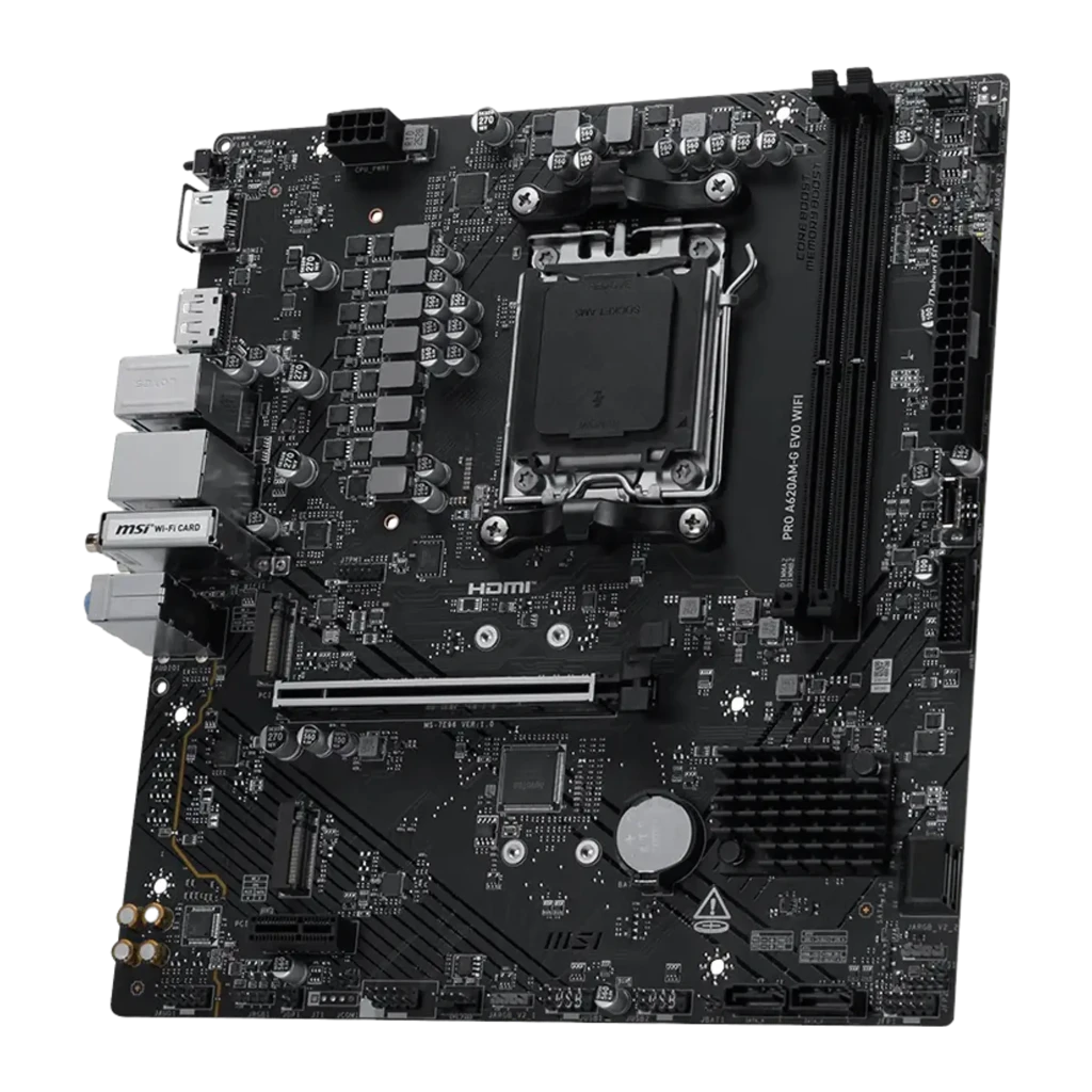 MSI Pro A620AM-G Evo WiFi preta, kit com caixa: placa-mãe ao lado da caixa de produto com logo AMD Ryzen A620A - Item3