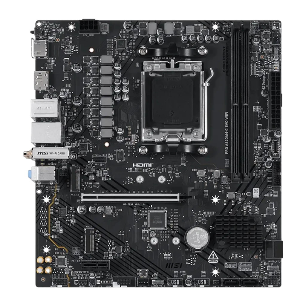 MSI Pro A620AM-G Evo WiFi preta, kit com caixa: placa-mãe ao lado da caixa de produto com logo AMD Ryzen A620A - Item1