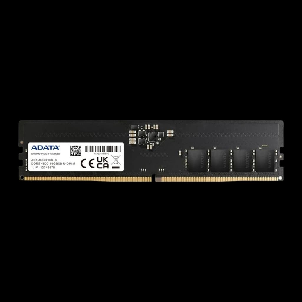 ADATA Premier 16GB DDR5 noir, vue de face: PCB noir avec étiquette blanche, puces mémoire et connecteur doré