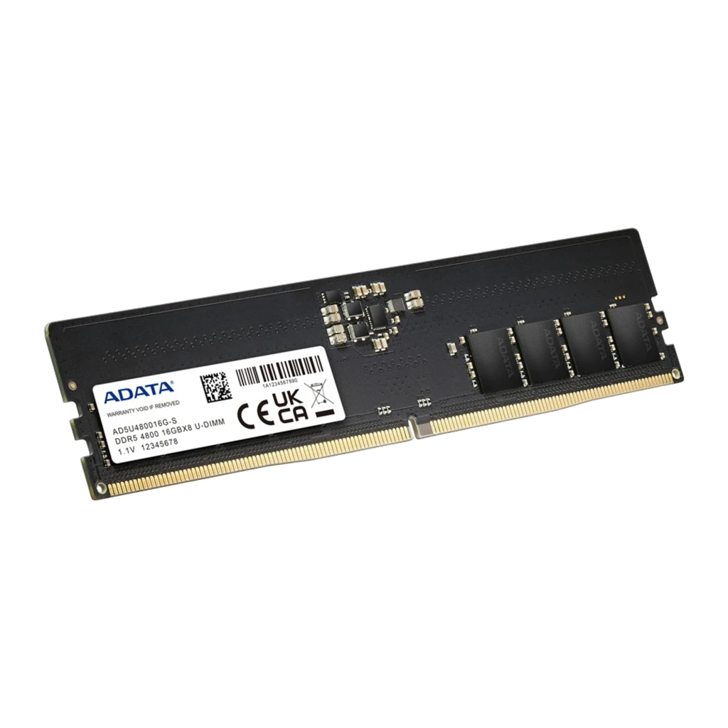 ADATA Premier 16GB DDR5 preto, vista frontal: PCB preto com etiqueta branca, chips de memória e conector dourado - Item1