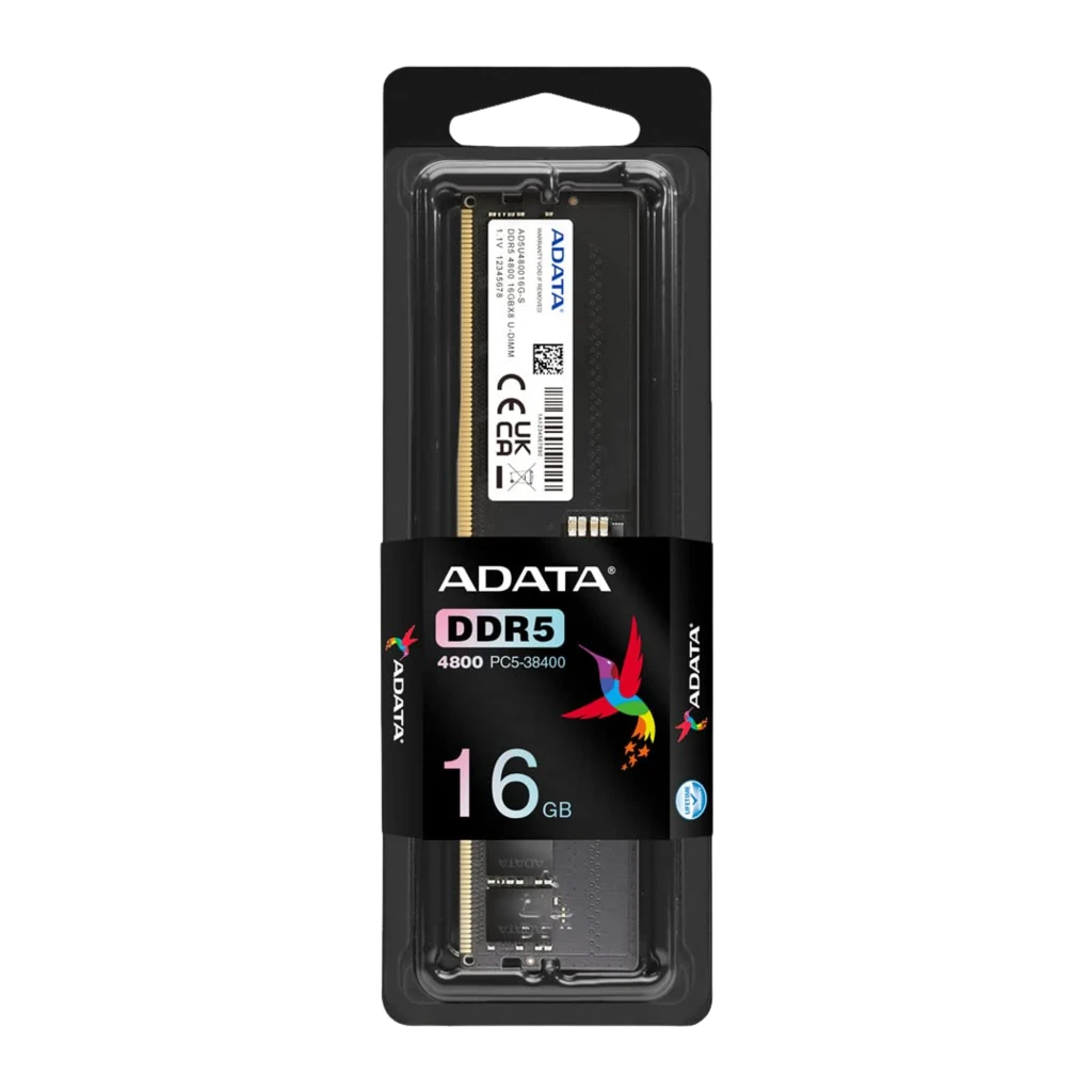 ADATA Premier 16GB DDR5 preto, vista frontal: PCB preto com etiqueta branca, chips de memória e conector dourado - Item2