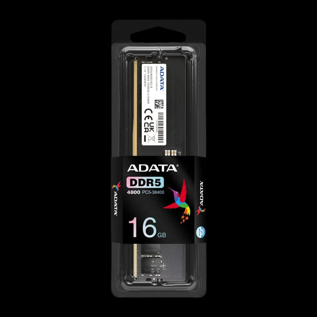 ADATA Premier 16GB DDR5 noir, emballage: module en blister noir avec logo DDR5 4800 16GB et colibri coloré