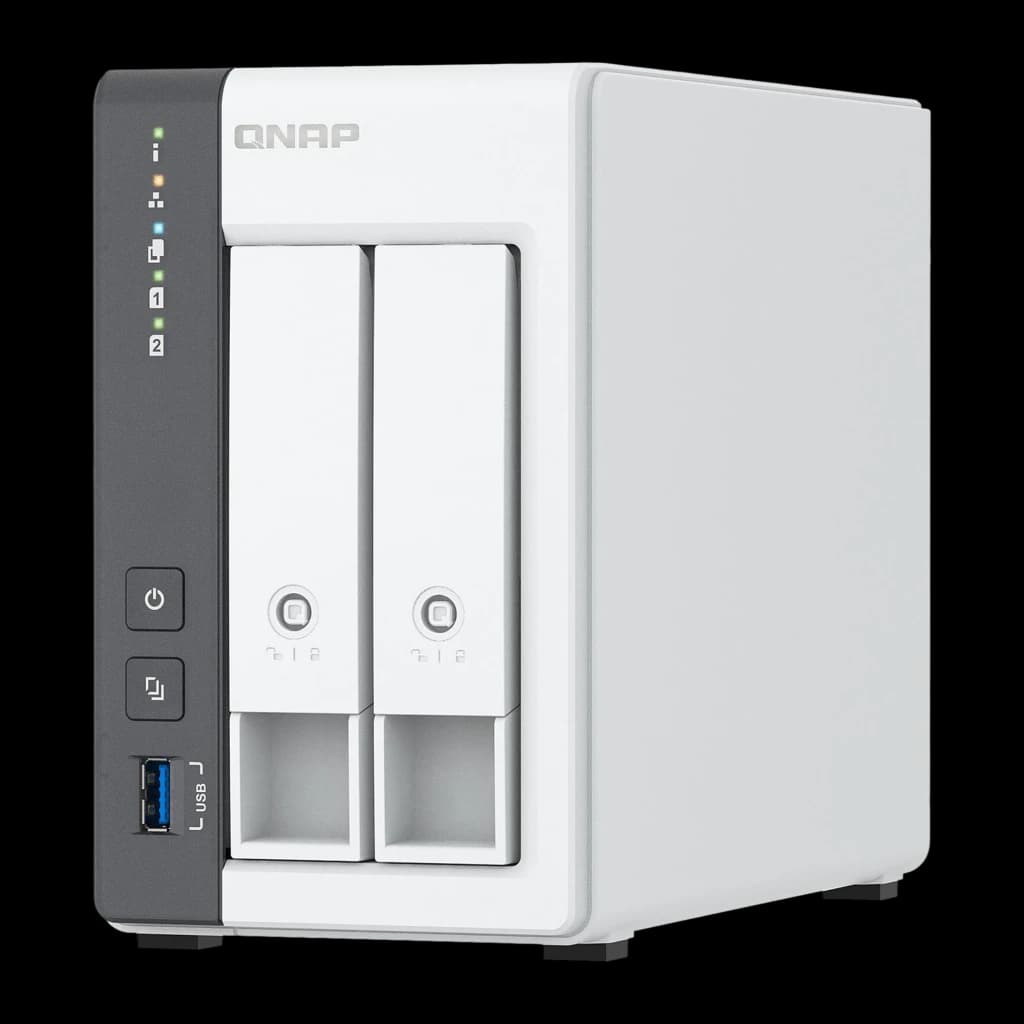 QNAP TS-216G NAS 2 baias 6GB branco, vista frontal direita: 2 baias, LEDs indicadores, botão ligar e porta USB 3.0