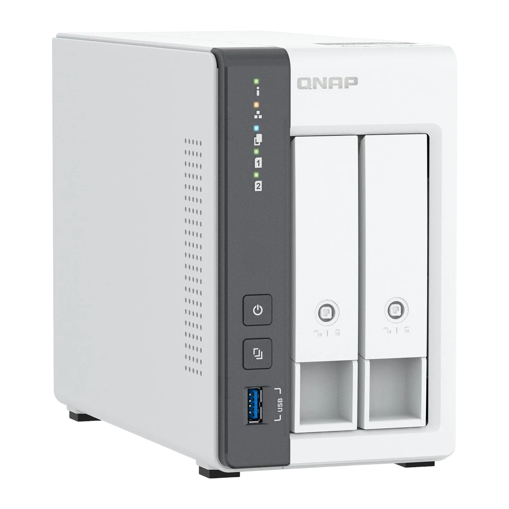 QNAP TS-216G NAS 2 bahías 6GB blanco, vista frontal derecha: 2 bahías, LEDs indicadores, botón encendido y puerto USB 3.0 - Ítem1