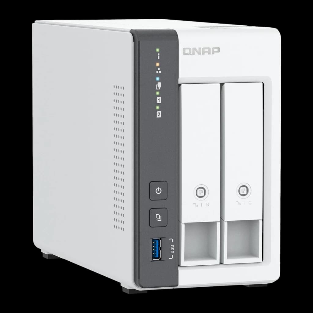 QNAP TS-216G NAS 2 baias 6GB branco, vista lateral esquerda: grelha de ventilação lateral, painel frontal com LEDs e USB 3.0