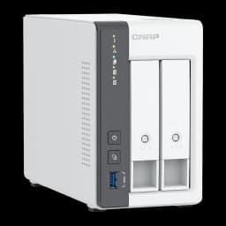 QNAP TS-216G NAS 2 baias 6GB branco, vista lateral esquerda: grelha de ventilação lateral, painel frontal com LEDs e USB 3.0