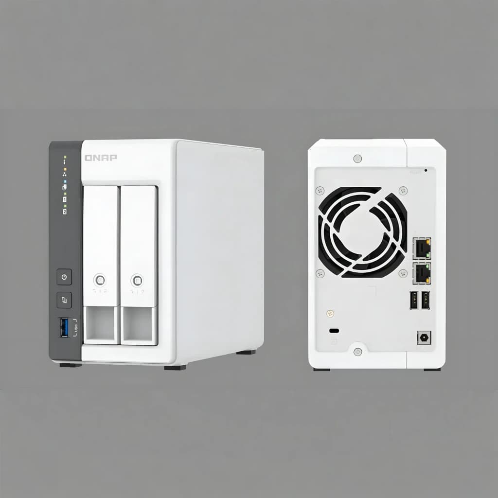 QNAP TS-216G 2 baías 6GB branco, vistas frontal e traseira: painel LED, USB 3.0, ventoinha e portas LAN