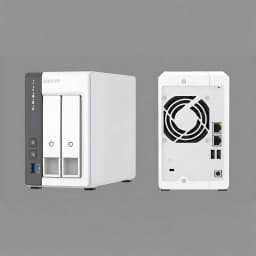 QNAP TS-216G 2 baías 6GB branco, vistas frontal e traseira: painel LED, USB 3.0, ventoinha e portas LAN
