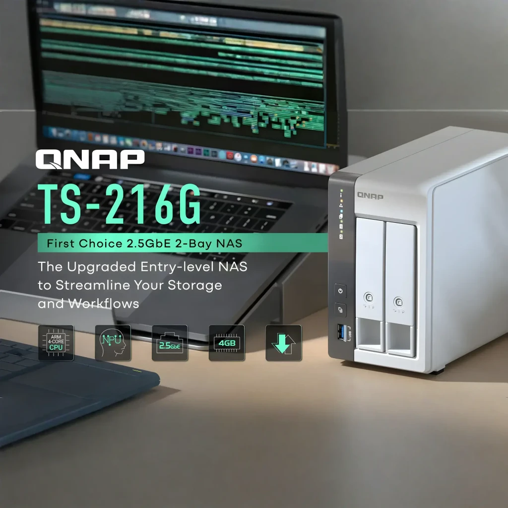 QNAP TS-216G NAS 2 bahías 6GB blanco, vista frontal derecha: 2 bahías, LEDs indicadores, botón encendido y puerto USB 3.0 - Ítem3