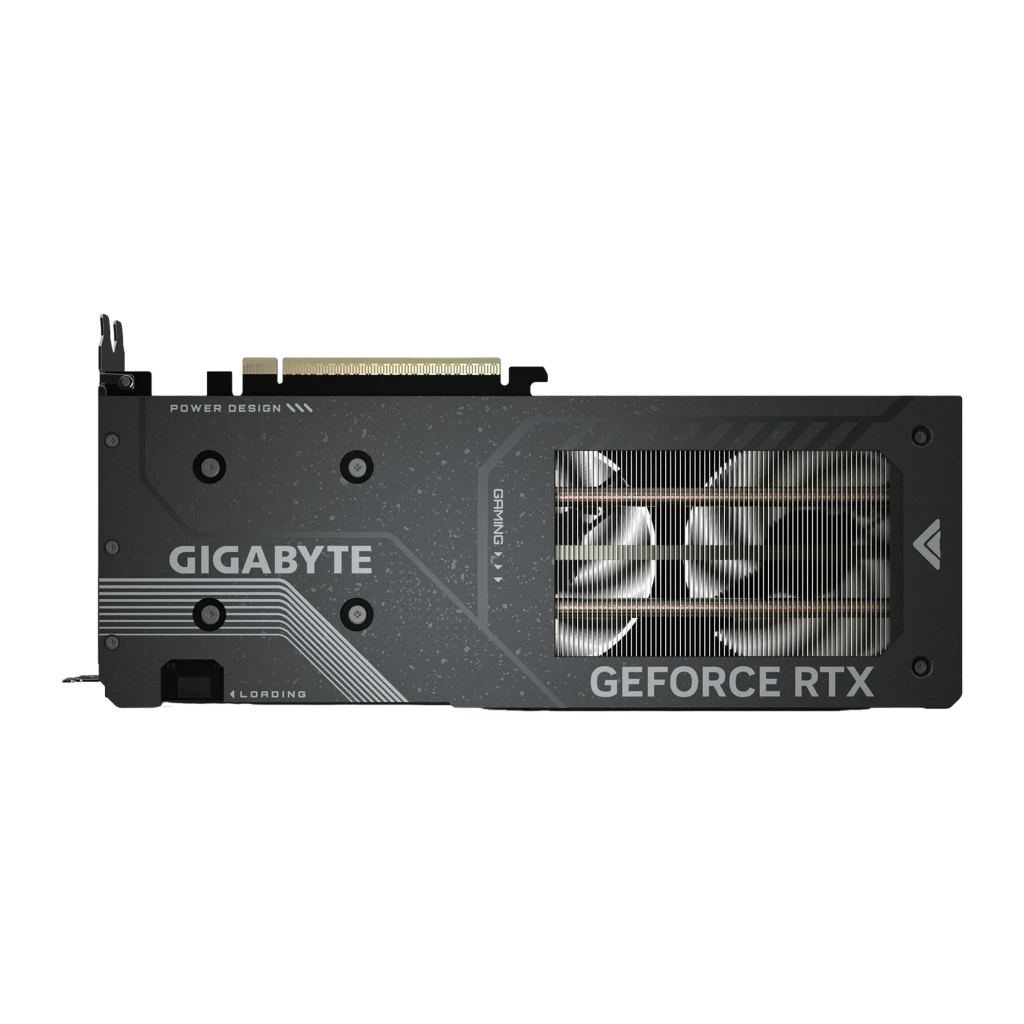 GIGABYTE GeForce RTX 5050 GAMING OC 8GB negro, kit con caja: tarjeta en ángulo frontal junto a caja naranja y verde con logo - Ítem2
