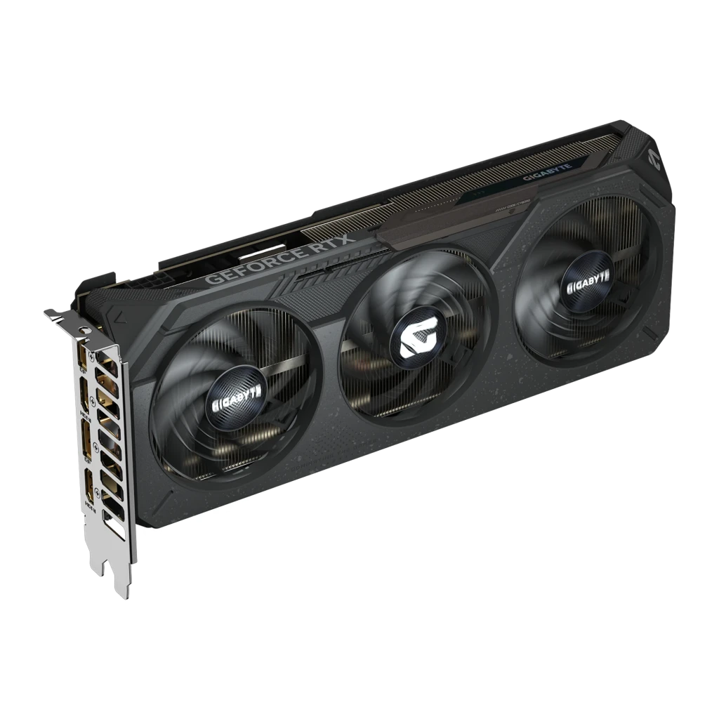 GIGABYTE GeForce RTX 5050 GAMING OC 8GB negro, kit con caja: tarjeta en ángulo frontal junto a caja naranja y verde con logo - Ítem3