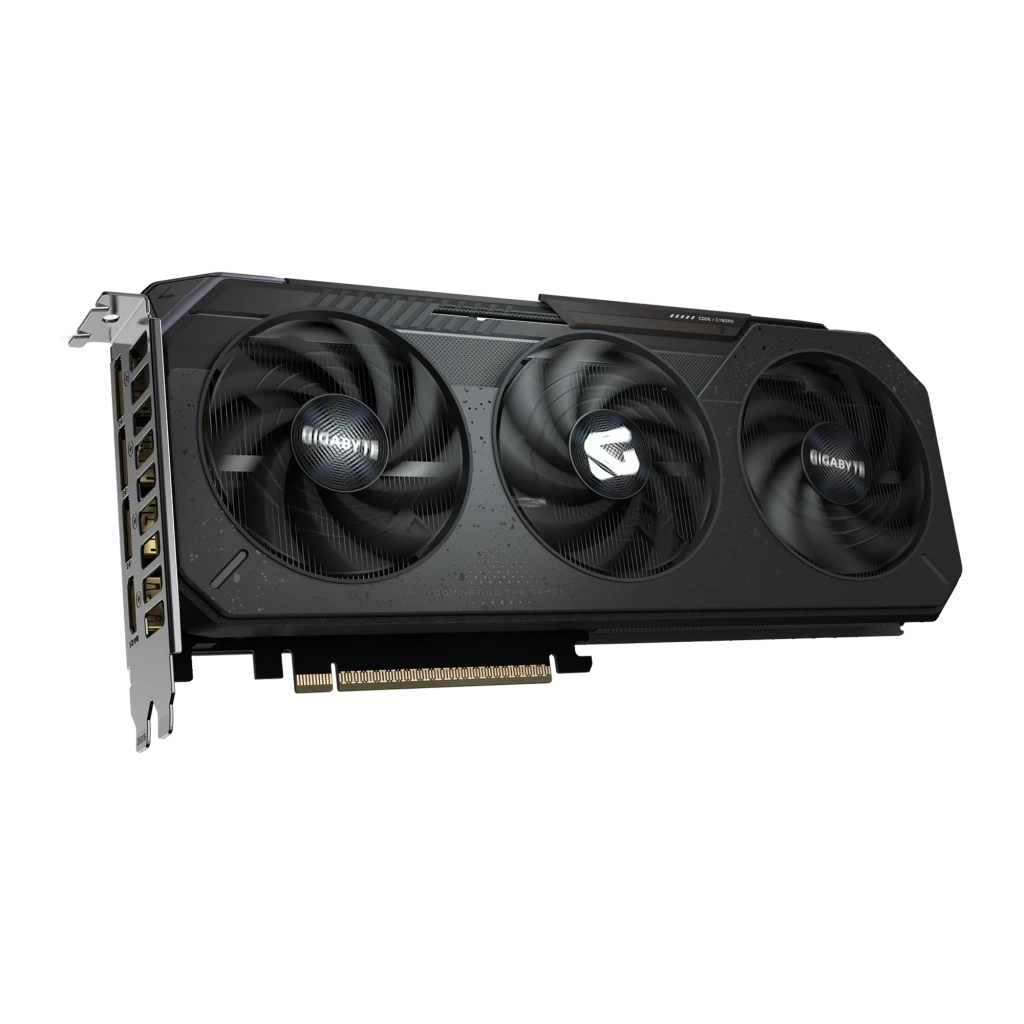 GIGABYTE GeForce RTX 5050 GAMING OC 8GB negro, kit con caja: tarjeta en ángulo frontal junto a caja naranja y verde con logo - Ítem4