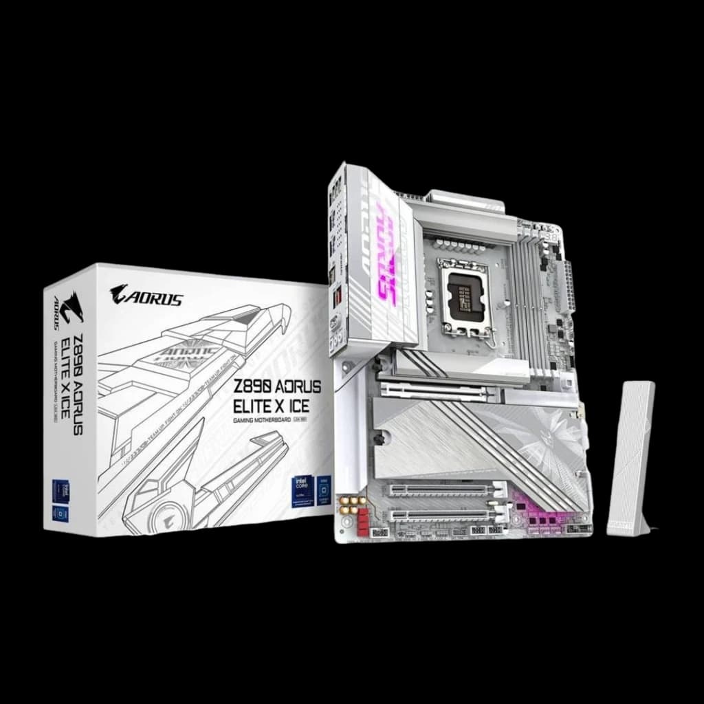 Gigabyte Z890 AORUS Elite X ICE blanche, kit complet: carte mère, boîte de vente et antenne Wi-Fi blanche