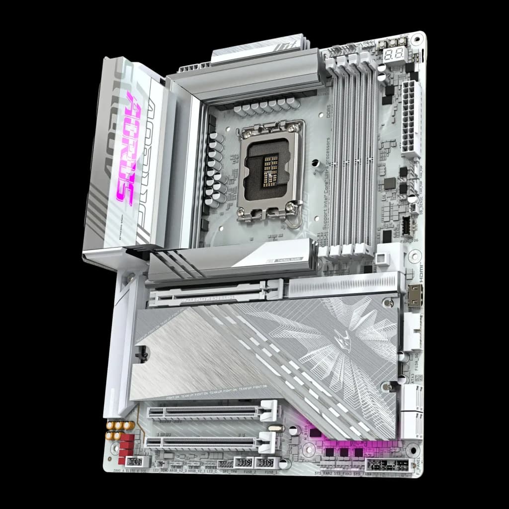 Gigabyte Z890 AORUS Elite X ICE blanche, angle avant droit: slots DDR5, affichage diagnostic et dissipateur chipset