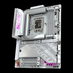 Gigabyte Z890 AORUS Elite X ICE blanche, angle avant droit: slots DDR5, affichage diagnostic et dissipateur chipset