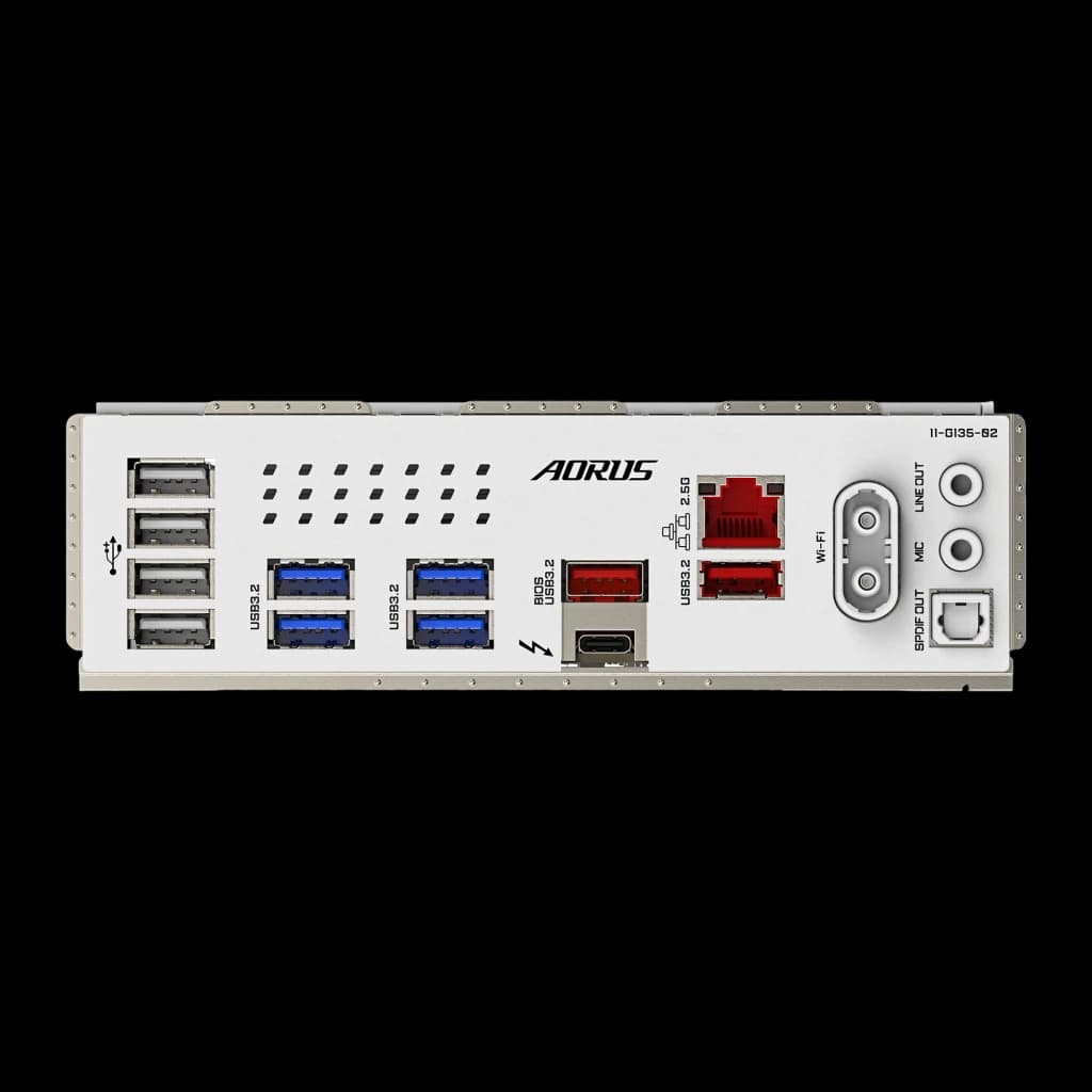 Gigabyte Z890 AORUS Elite X ICE blanche, panneau I/O: ports USB-A, USB-C Thunderbolt, LAN 2.5G et audio