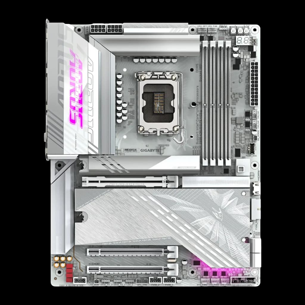 Gigabyte Z890 AORUS Elite X ICE blanche, vue de dessus: socket LGA1851, dissipateurs VRM, slots DDR5 et PCIe