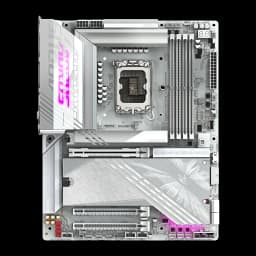 Gigabyte Z890 AORUS Elite X ICE blanche, vue de dessus: socket LGA1851, dissipateurs VRM, slots DDR5 et PCIe