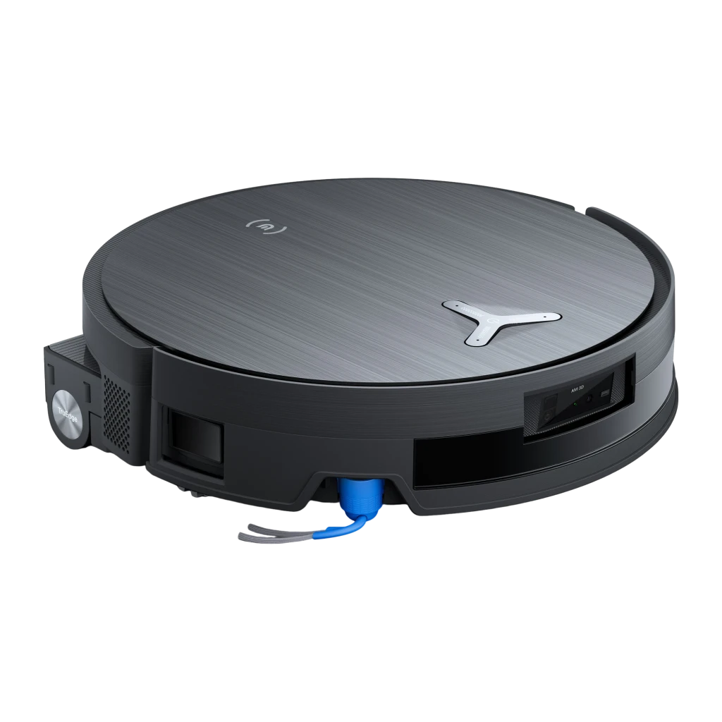 Ecovacs Deebot X11 Pro Omni preto, kit vista frontal: robô acoplado sob a estação de esvaziamento, mopa azul visível - Item4