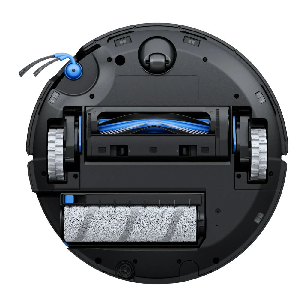 Ecovacs Deebot X11 Pro Omni preto, kit vista frontal: robô acoplado sob a estação de esvaziamento, mopa azul visível - Item5