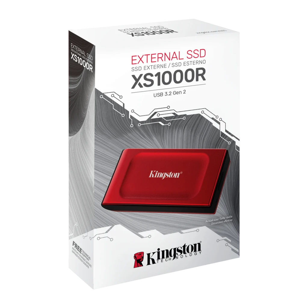 Kingston XS1000 1TB vermelho, vista frontal em ângulo: carcaça vermelha com logótipo Kingston branco e base preta - Item4