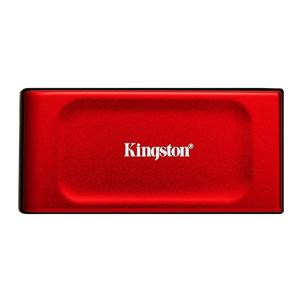 Kingston XS1000 1TB vermelho, vista frontal em ângulo: carcaça vermelha com logótipo Kingston branco e base preta - Item1