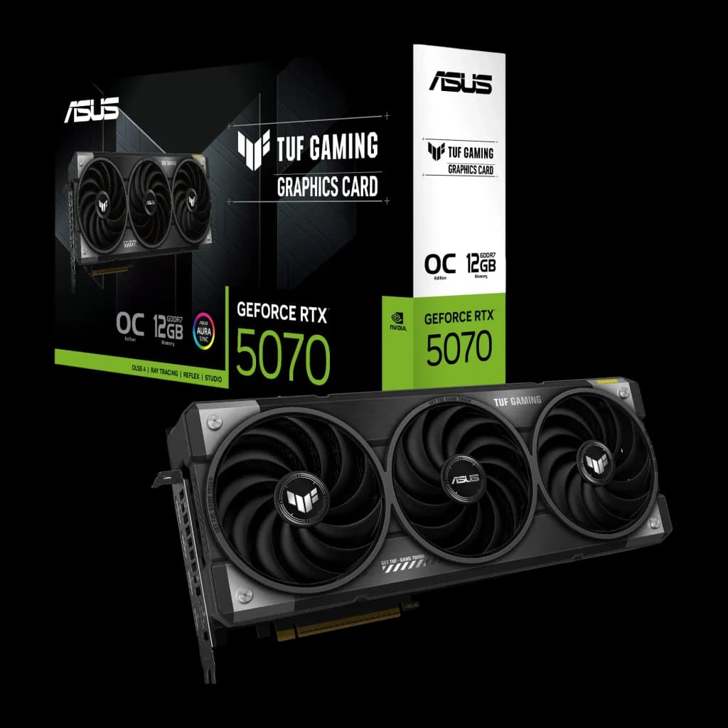 ASUS TUF Gaming GeForce RTX 5070 OC 12GB Negro Gris, vista con caja: tarjeta y packaging frontal con tres ventiladores