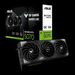 ASUS TUF Gaming GeForce RTX 5070 OC 12GB Negro Gris, vista con caja: tarjeta y packaging frontal con tres ventiladores