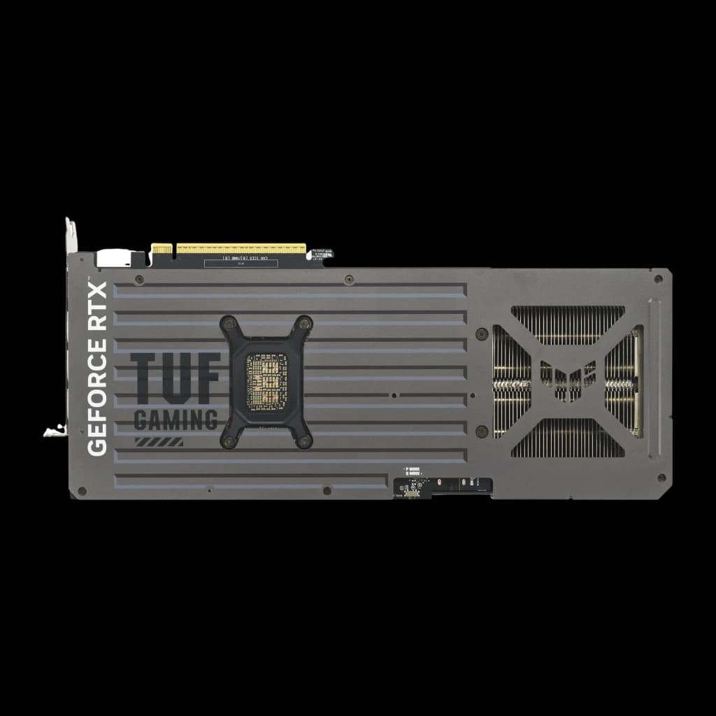 ASUS TUF Gaming GeForce RTX 5070 OC 12GB Negro Gris, vista trasera: backplate gris con logo TUF Gaming y rejilla