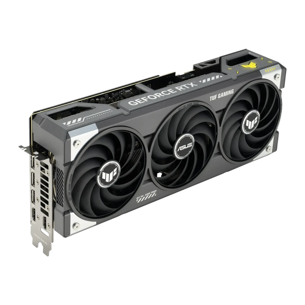 ASUS TUF Gaming GeForce RTX 5070 OC 12GB Negro Gris, vista con caja: tarjeta y packaging frontal con tres ventiladores - Ítem3