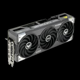 ASUS TUF Gaming GeForce RTX 5070 OC 12GB Negro Gris, vista lateral en ángulo: puertos de salida de vídeo y tres ventiladores