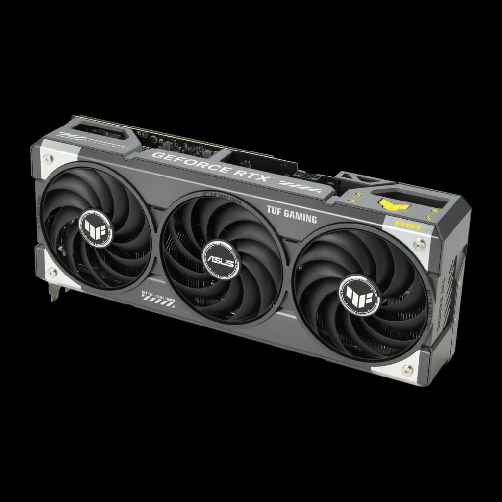 ASUS TUF Gaming GeForce RTX 5070 OC 12GB Negro Gris, vista frontal en ángulo: tres ventiladores con logos TUF y ASUS