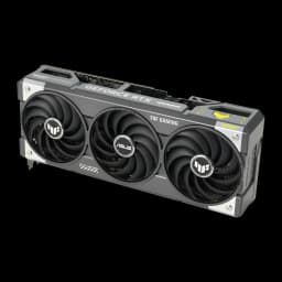 ASUS TUF Gaming GeForce RTX 5070 OC 12GB Negro Gris, vista frontal en ángulo: tres ventiladores con logos TUF y ASUS