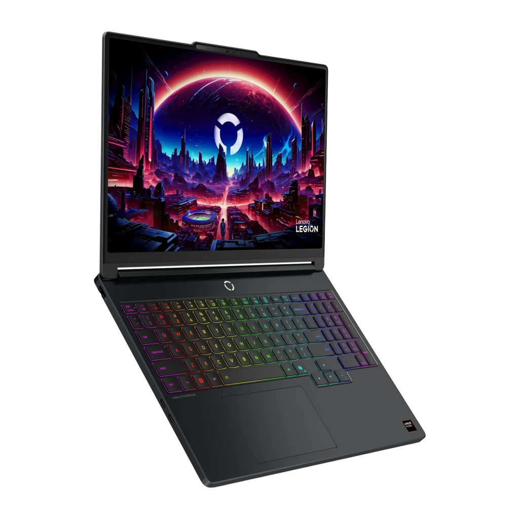 Lenovo Legion 5 15AHP11 512GB preto, vista frontal aberta: teclado RGB multicolor e ecrã com paisagem gaming futurista - Item3