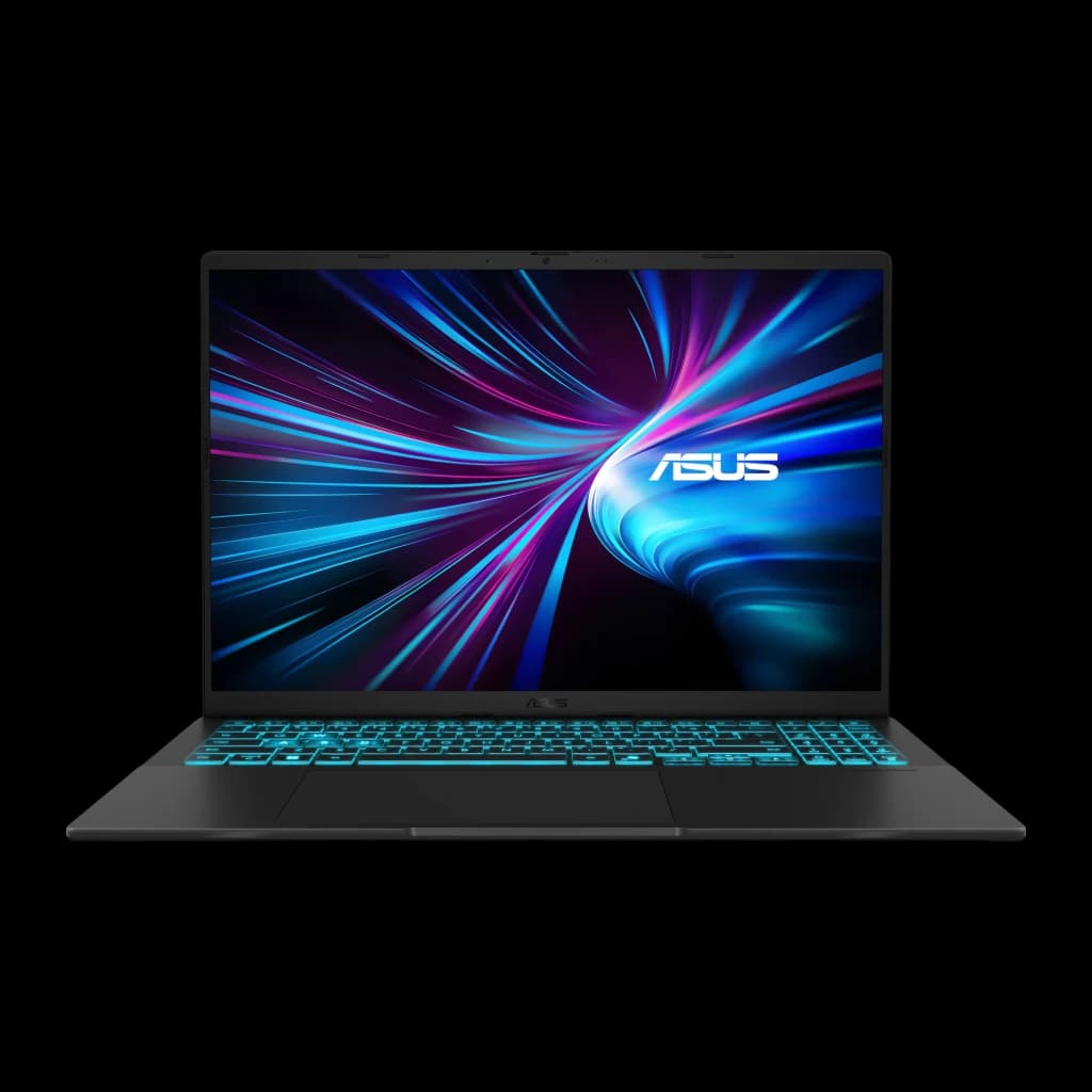 ASUS Vivobook V16 V3607VH 512GB negro mate, vista frontal: pantalla encendida con logo ASUS y teclado retroiluminado en azul