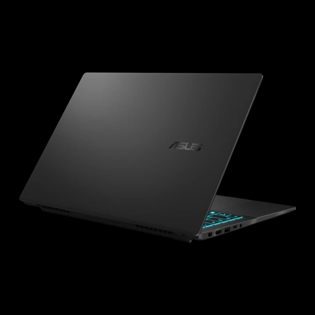 ASUS Vivobook V16 512GB negro, vista trasera 3/4 derecha: tapa mate con logo ASUS, puertos y teclado cyan visibles
