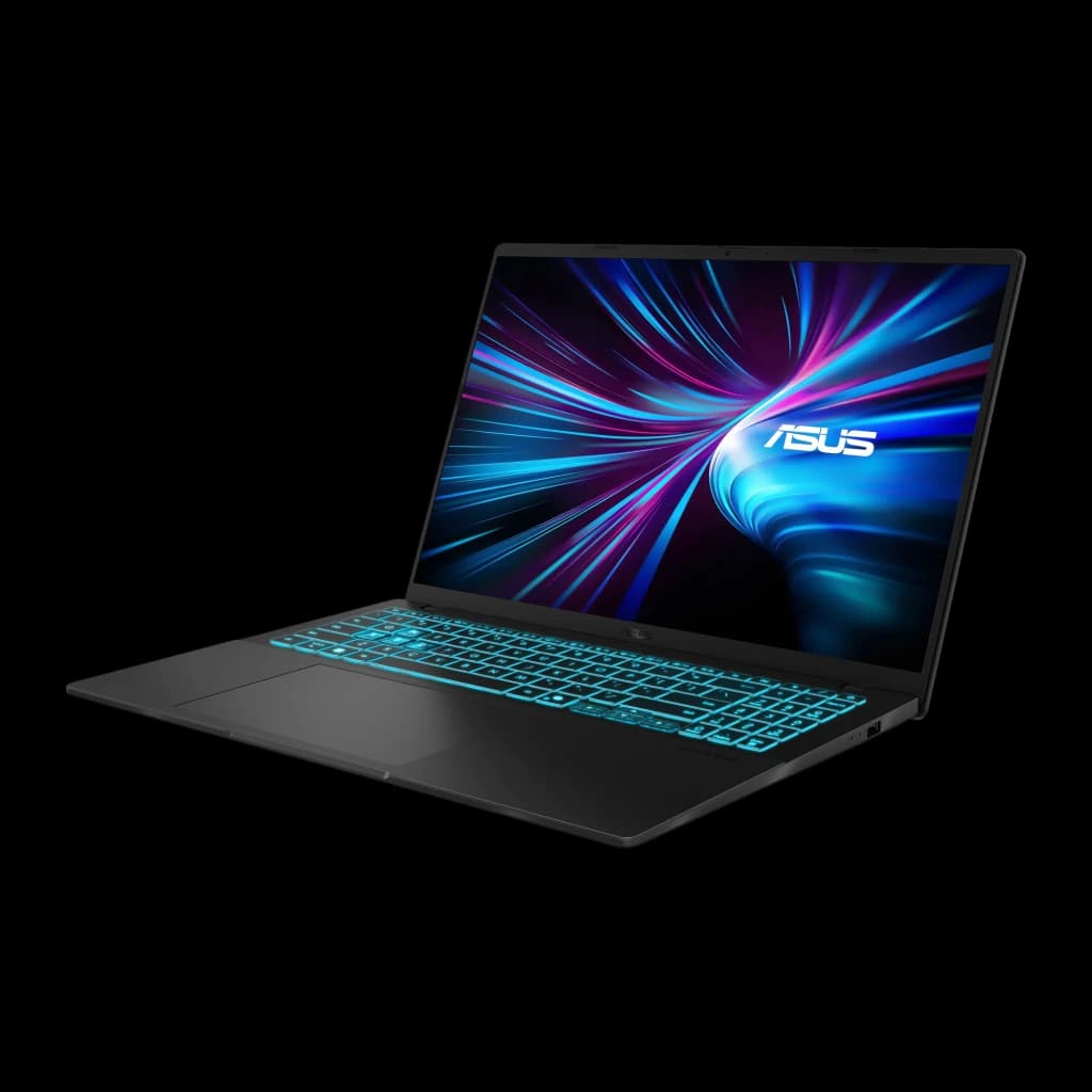 ASUS Vivobook V16 512GB negro, vista frontal 3/4 izquierda: pantalla con wallpaper ASUS y teclado retroiluminado cyan