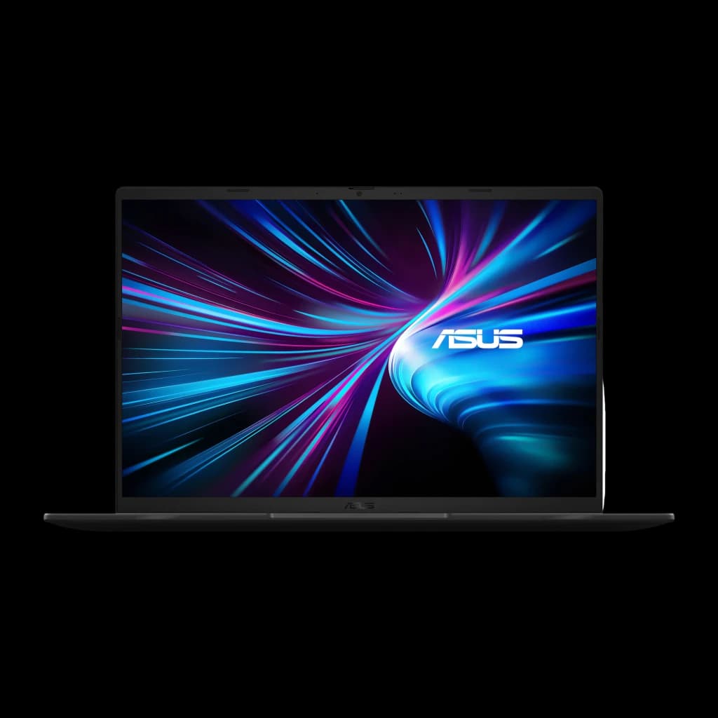 ASUS V16 V3607VH 512GB negro mate, vista frontal: pantalla encendida con fondo abstracto azul y logo ASUS