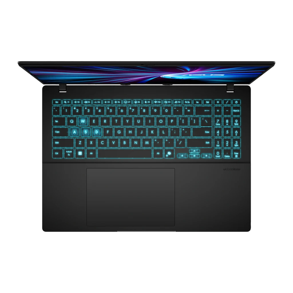 ASUS Vivobook V16 V3607VH 512GB negro mate, vista frontal: pantalla encendida con logo ASUS y teclado retroiluminado en azul - Ítem6