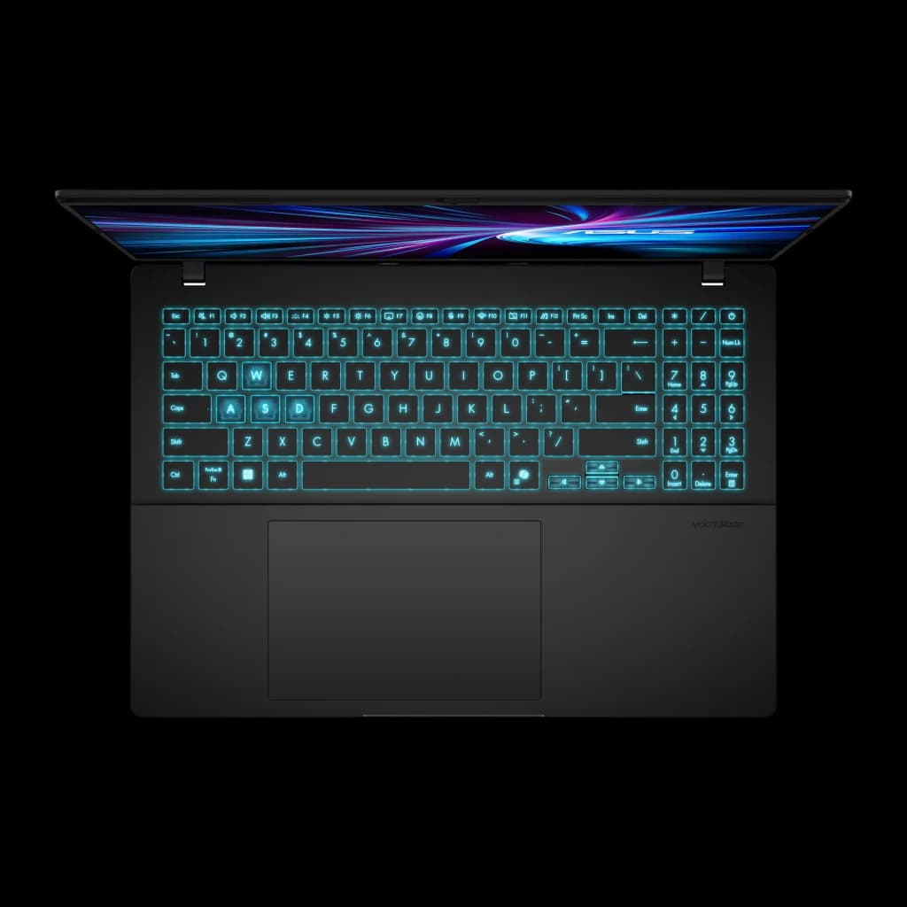 ASUS Vivobook V16 V3607VH 512GB negro mate, vista superior: teclado retroiluminado azul y pantalla con luces