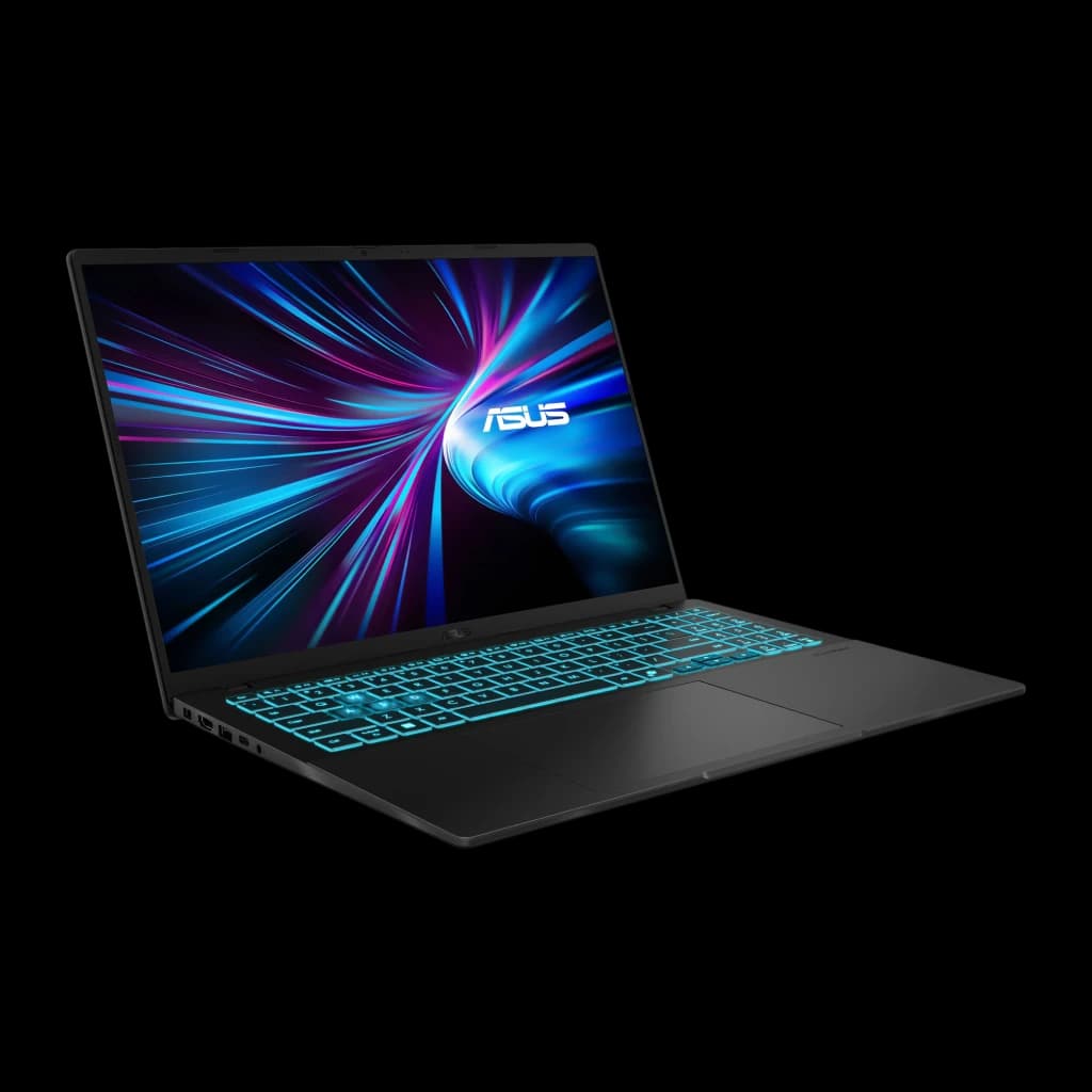 ASUS Vivobook V16 512GB negro, vista frontal 3/4 derecha: pantalla con wallpaper ASUS y teclado retroiluminado cyan